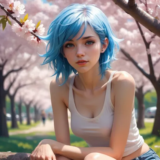 Prompt: hd photograph of a pretty skinny girl with blue hair, flat chest, wearing a tank top and shorts, relaxing under a cherry blossom tree, summer day, in the style of ilya kuvshinov, dramatic lighting, fantasy, intricate, elegant, highly detailed, lifelike, photorealistic, digital painting, bokeh, hdr, high resolution, artstation, concept art, smooth, sharp focus, art by krenz cushart and albert aublet, full body shot