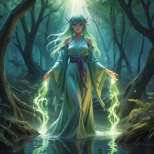 Prompt: anime illustration, Beautiful young girl with omnipotent magic power purifies a demonic swamp, holy maiden, full body shot, masterpiece, detailed flowing cut-off robes, ethereal and radiant aura, high quality, magical realism, vibrant and mystical color palette, luminous lighting, mystical, powerful, magical, detailed background, cgi, professional