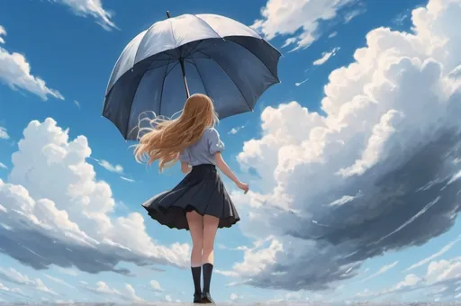 Prompt: a girl holding an umbrella in the sky with clouds in the background and a blue sky with white clouds, skirt and hair blowing in the wind, Alice Prin, magical realism, anime art, a hologram, full body shot, zoom out