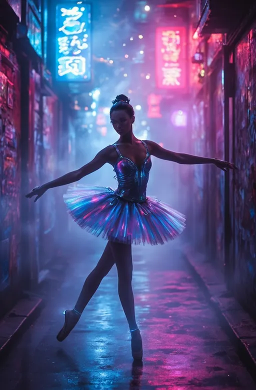 Prompt: A captivating, enchantingly beautiful ballerina performing a delicate pirouette in a neon-lit alley, styled in a vivid cyberpunk aesthetic. The ballerina wears an iridescent, futuristic tutu with holographic accents, her movements radiating grace and elegance. Her hair is tied in a sleek bun, adorned with glowing LED pins, and her pointe shoes emit soft neon light with each step. The alley is narrow, framed by towering buildings with flickering holographic advertisements and graffiti glowing under ultraviolet light. The atmosphere is filled with mist from steam vents, diffusing the electric hues of pink, blue, and purple, creating an ethereal glow. The ground is wet, reflecting the kaleidoscope of neon lights, adding depth and vibrancy. The mood is otherworldly and mesmerizing, with a dynamic interplay of movement and the futuristic cityscape. Shot with a cinematic wide-angle lens, shallow depth of field, focusing on the ballerina's serene expression, with bokeh effects amplifying the magical ambiance. The color palette is rich with electric shades and contrasting shadows, evoking a sense of mystery and artistry. Tiny rain droplets glimmer in the neon glow, adding texture to the scene.