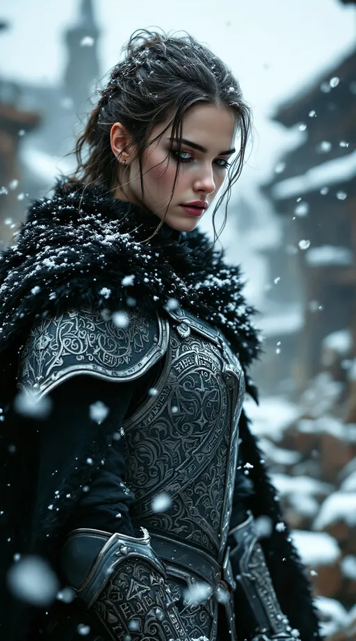 Prompt: A medium shot of a fierce and breathtaking young woman standing in the midst of a silent snowfall, her presence commanding yet melancholic. She wears exquisitely detailed medieval armor etched with silver filigree and ancient runes, partially veiled beneath a (black fur cloak:1.4) that frames her strong shoulders and regal posture. Her face is turned slightly down, her (gaze distant:1.3), lashes dusted with frost, as strands of (messy, wind-blown hair:1.5) drift across her cheeks. Snowflakes cling delicately to her armor and hair, catching the diffused, cold (ambient light:1.4) that filters through the pale grey sky. The background features blurred, rustic timber structures and shattered stone ruins, all softened by layers of falling snow and icy fog. Her polished gauntlets are still, fingers barely curled as if caught between contemplation and command. The color palette is composed of cold blues, burnished steel, and muted browns, evoking both desolation and nobility. The lighting is cinematic—low-key and overcast—with subtle rim light illuminating the edges of her armor and fur. Shot with a high-resolution digital lens, mimicking the depth and mood of a detailed matte painting. Every element is rendered with hyperrealistic precision, from the texture of the (fur:1.6) to the icy breath on her lips. The overall mood is solemn, stoic, and ethereal—capturing the haunting beauty of resilience in the face of a fading war.