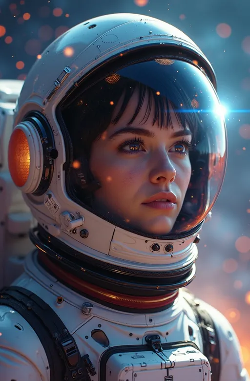 Prompt: Photorealistic astronaut, wearing a sleek futuristic space suit, intricate details on the helmet reflecting distant stars, stunningly beautiful facial features, serene expression, posed against the backdrop of a vivid cosmic landscape, shimmering nebulae and twinkling stars, ultra-detailed, cinematic high depth, ethereal lighting—creating a breathtaking atmosphere that captures the wonder of space exploration, 4k, epic Steven Spielberg movie still, sharp focus, emitting diodes, smoke, artillery, sparks, racks, system unit, motherboard, by pascal blanche rutkowski repin artstation hyperrealism painting concept art of detailed character design matte painting, 4 k resolution blade runner