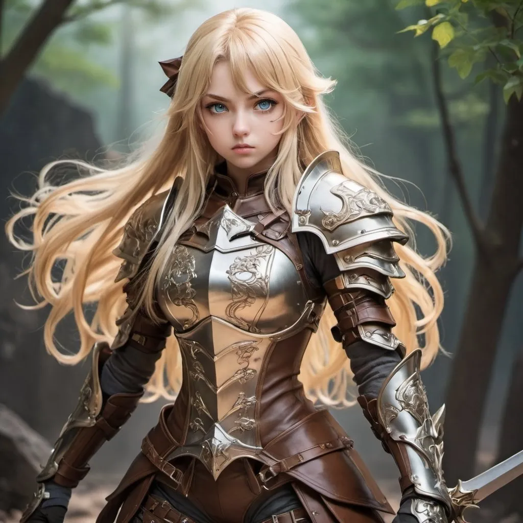 Prompt: young anime girl from a fantasy world, blonde, long hair, hunter, highly detailed leather armor, ultra quality, detailed face and eyes, battle pose, bow, full body view