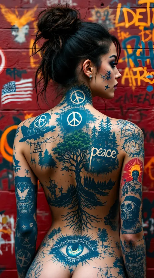 Prompt: A gritty, photorealistic portrait of a beautifully gorgeous young woman whose skin is completely covered in graffiti-like tattoos and stencils on every square inch of her body, as if she is a living urban wall filled with graffiti. She’s viewed from behind, looking back over her shoulder at us, as her back and shoulders are covered with blue tattoos. Her face bears a blue-and-white stencil of a dove in flight on one cheek, a sharp anarchy symbol on the other, a cracked crown of thorns sprouting tiny green leaves on her forehead, and a thin barbed-wire tattoo line across her lips. Across her mexk, a B-17 bomber with a peace sign on its tail drops tiny saplings instead of bombs which grow like trees, while a gas mask stencil drips down her neck saying “PEACE”. On her arms, a raised fist breaking chains saying “FREEDOM”, a tree with smoke for a trunk, a cracked riot shield, and a stark watchtower with beams dissolving into sunlight that says “LOVE”. On her hands and fingers, quick messy tags and a stencil of an eye in a triangle glow faintly. Across her back, clear sharp silhouettes of a forest and a human figure with roots and branches stretch along her spine and spread out across her shoulder blades like angel wings around under her arms and down her sides. The tattoos are stencil and spray-paint style, mostly blue and white with small accents of red, green, and yellow, gritty and raw, painted as signs and protest across her skin. In front of her is a red brick wall wall covered with dark red and orange and yellow graffiti including graffiti American flag, graffiti stencil pictures of military men and women, graffiti stenciled pictures of numbers and tanks and bombers and bombs exploding, all in graffiti stenciled pictures style. 