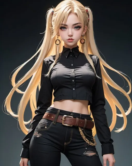 Prompt: Vivid anime illustration of pretty girl, standing alone, with her mouth slightly open and an intense gaze, in stylish clothing, detailed clothing, adorned with jewelry, including earrings and choker, cropped shirt and pants, accessorized with a stylish belt and boots, with iconic twintails and very long blonde hair, collar, looking directly at the viewer, high resolution, detailed, anime, vibrant colors, cropped, edgy, cool tones, professional, atmospheric lighting