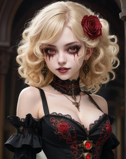 Prompt: Masterpiece, high detailed, Anime, steampunk-setting, Vampire girl wears an elaborately embroidered black dress with a plunging neckline, bright red eyes, bloody mascara, blonde half-length curly hair, showing vamipre teeth, wide view, full body shot