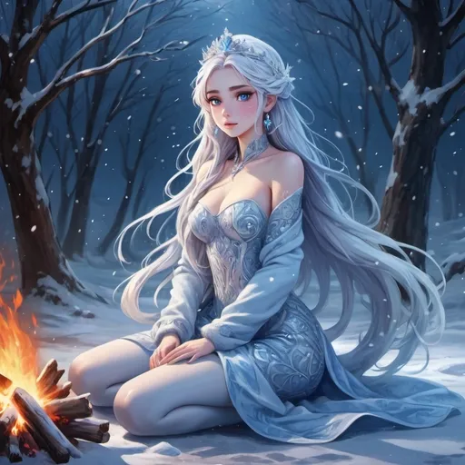 Prompt: (masterpiece of anime art), (beautiful young ice princess), full body, long flowing hair, silver blue skin, sitting alone in the freezing cold, standing in front of an warming small flickering campfire, artful snowflakes swirling around, enchanting atmosphere, serene and magical, skimpy outfit, perfectly voluminous body, high contrast between warmth of fire and icy background, ultra-detailed, vibrant colors, captivating scene, mystical ambiance, emotional depth, intricate character design, full body shot.
