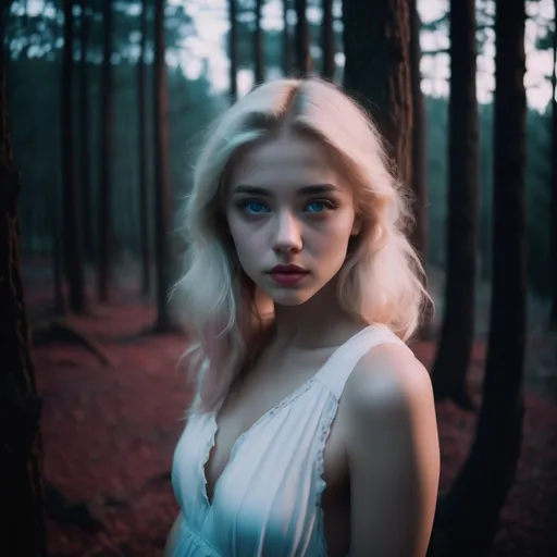 Prompt: very attractive girl wearing cut-off white dress, her eyes are blue and lips are pinky, blondy hair, cinematic style, kodak 2820 color tone, cool color. forest in the background, darkness, by night.