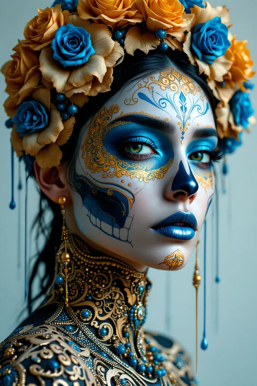 Prompt: A surreal and highly detailed face close-up of a  young woman wearing Día de los Muertos makeup, featuring intricate floral patterns and a striking color palette of blue and gold. Her face is adorned with symmetrical decorative elements, with cyan paint around her eyes, metallic blue lips, and a skull-like nose design. Her eyes are intense and expressive, enhanced by dramatic shadows. She wears an elaborate headdress made of golden roses and blue flowers, integrated into an artistic structure inspired by Art Nouveau and cyberpunk aesthetics. Her neck and shoulders are covered in intricate, engraved wooden-like patterns, reminiscent of tribal and futuristic ornaments. Turquoise and gold jewelry adorn her ears and neck. The background is minimalistic, with abstract dripping paint effects and elegant lines, creating a dreamlike and artistic atmosphere. A hyperrealistic rendering with rich textures and soft yet contrasting lighting
