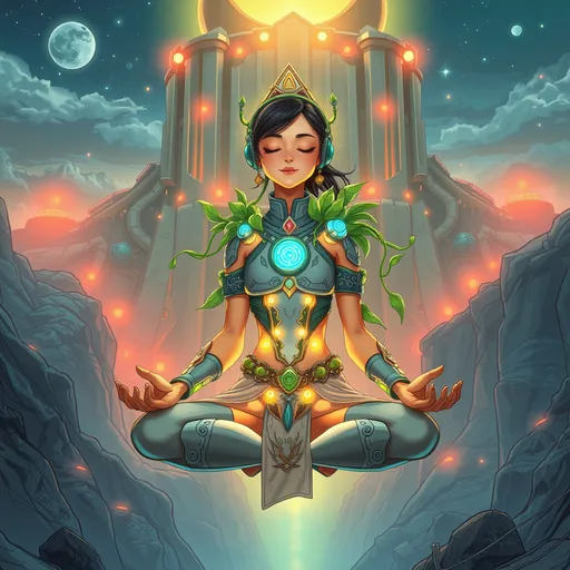 Prompt: comic image of a young asian female animation character in the style of Enki Bilal , Holographic and translucent elements , with Bio-engineered plant armor with bioluminescent vines outfit, Hovering just above the ground in meditation, Colossal alien fortress carved into the side of a mountain, Flashing warning lights in an emergency, graphic illustration, comic art, graphic novel art, vibrant, highly detailed