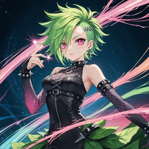 Prompt: (punk girl), vibrant green hair, striking expression of bewilderment, intricate leather outfit adorned with studs and spikes, engaging stance, (isekai fantasy world) featuring fantastical landscapes and mystical creatures, colorful flora and fauna, bright ethereal lighting, whimsical yet chaotic ambiance, high fantasy vibe, (ultra-detailed), dynamic background with surreal elements.