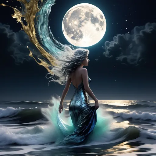 Prompt: the moon moves silently in the sky and shows its distorted reflection in the turbulent waters, ebb and flow, glowing sea waves, silver, gold and dark blue colour, sea foam, a siren (full body shot) or rather a moon goddess emerges from the rough gout of the sea, fullminate starry sky, smoke flow animation, glitch art, iridescent smoke swirling mistily from the sides, magical vibrant, glowing colours, extreme contrast & saturation, shimmering, magical fantasy artwork, realistic lifelike CGI diorama, dramatic natural lighting.