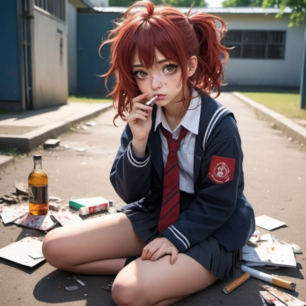 Prompt: Highly detailed anime illustration of cute girl, very messy and dirty school uniform smoking a cigarette in a schoolyard, 1liquor bottle on the floor, sleepy eyes and red cheeks, messy hair, full body shot, detailed eyes, school environment, urban, expressive eyes, bored, rebellious, mood lighting