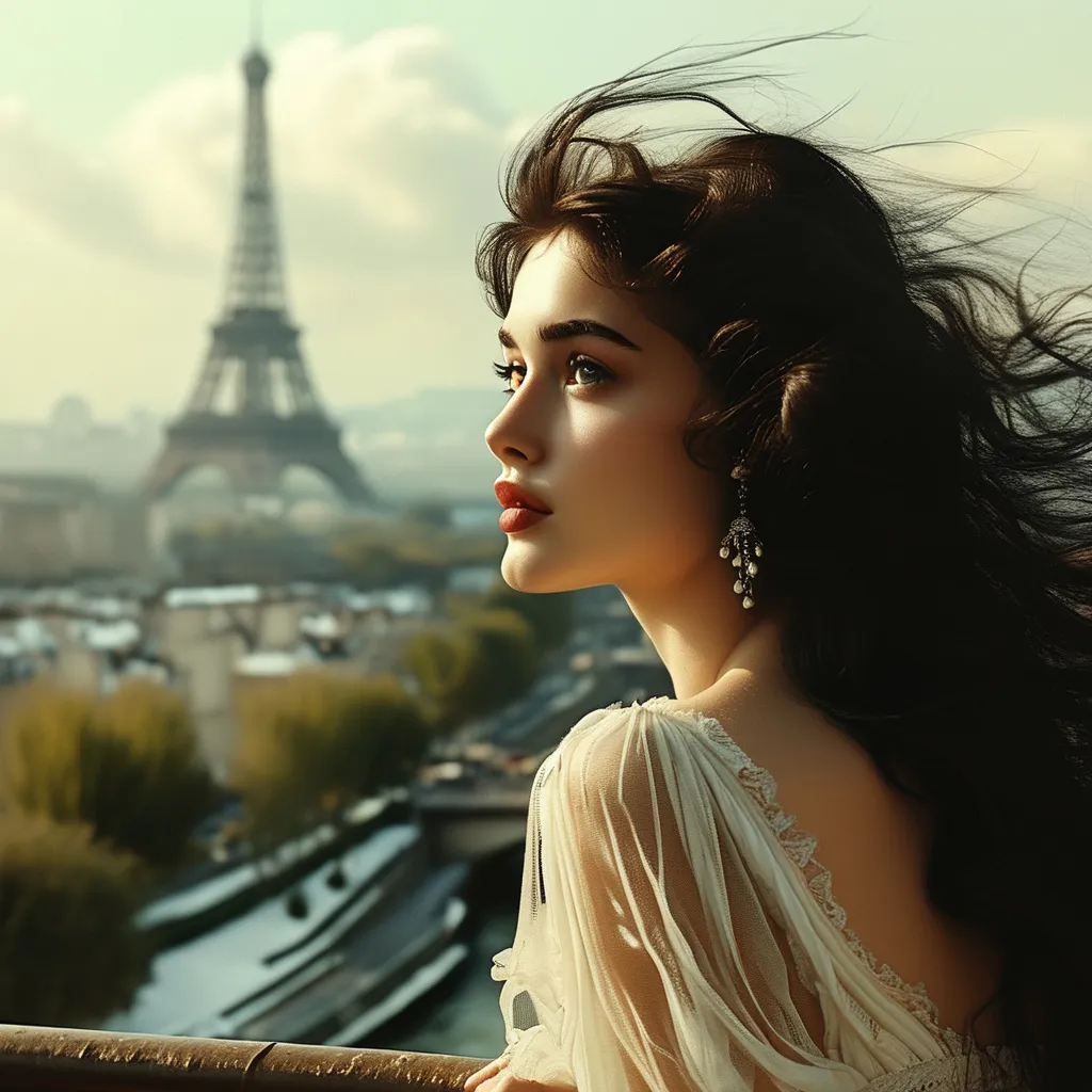 Prompt: (beautiful young woman), (very long black hair blowing in the wind), (1930s outfit), Eiffel Tower setting, looking longingly into the distance, soft romantic lighting, dreamy atmosphere, cinematic view, warm tones, ultra-detailed, historical elegance, capturing the essence of nostalgia, thoughtfully gazing over the Paris skyline.