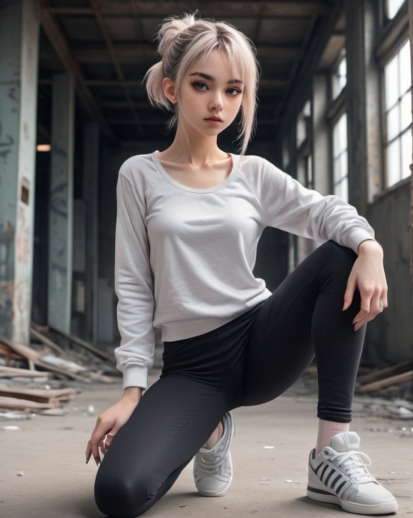 Prompt: Cool-toned anime illustration of a beautiful young woman in modern streetwear, delicate and feminine, gaunt, ballerina pose, sneakers, detailed facial features, slim waist, flat chest, detailed eyes, sleek design, professional, ballerina, cool tones, detailed facial features, modern streetwear, anime, delicate, feminine, slim waist, full body shot, professional, cool tones, detailed eyes, sleek design, gaunt, ballerina pose, best quality, highres, ultra-detailed, abandoned industrial site, full body shot
