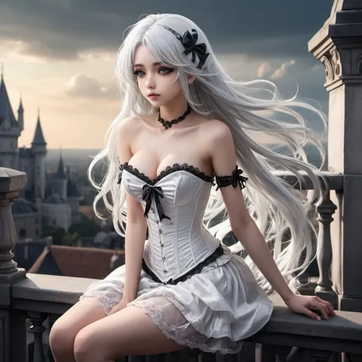 Prompt: Full body anime illustration of a beautiful girl, long silver hair flying in the wind, wearing a white corset-dress, goth makeup, sitting on a balcony railing, cute pose, showing bum, fantasy castle backdrop, detailed hair ribbon, cleavage, highres, ultra-detailed, anime, fantasy, gothic, long silver hair, cute pose, detailed corset-dress, detailed background, professional, atmospheric lighting