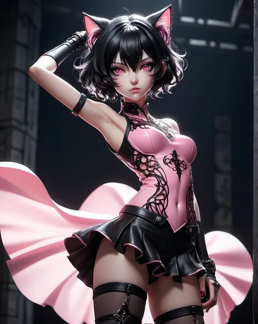 Prompt: cute young cat-girl in filigree design pink short cut-off outfit, anime, victory pose, black hair, masterpiece, very high details, dark atmosphere, black tights,  detailed eyes, sleek design, long legs, skinny, Perfectly voluminous body, professional, cool tones, atmospheric lighting, evil face, high heels, full body shot