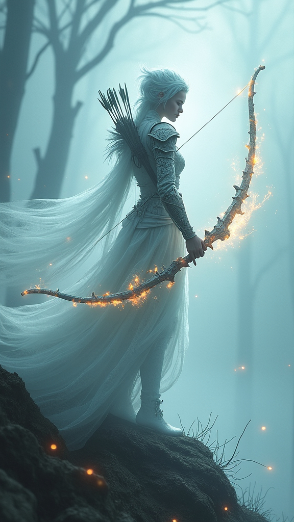 Prompt: (in Krenz Cushart style:1.2), high-quality, masterpiece, A phantom archer, her body phasing between visibility and translucency, with a bow made of shimmering spectral light, Her armor shifts between cracked stone and flowing mist, her arrows burn with ethereal fire, She stands on a fog-covered hill surrounded by spectral trees and drifting souls, high contrast, light trails, motion blur, eerie lighting, (elaborate fine details:1.1), (elaborately detailed attire with extraordinary elements:1.1), (hyperdetailed:1.1), (intricate details:1.0), (Refined details:1.1), (best quality:1.1), (high resolution:1.2)