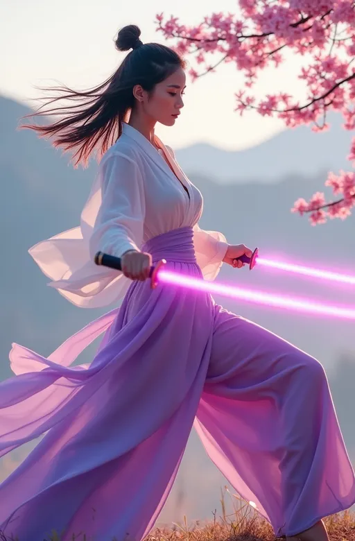 Prompt: photorealistic snapshot of a woman in dynamic motion, poised as if in mid-stride, wielding two glowing pink auralora swords. The woman has dark, flowing hair styled in a bun. Her expression is serene and focused. She is clad in a flowing, white, slightly sheer, long-sleeved top and wide, voluminous purple trousers. A purple sash 6or obi drapes across her waist over the top. The fabric appears to have a soft, almost ethereal quality. The swords she holds are a vibrant pinkish-purple color, with the light trails or auras extending from the blades. The scene is set against a backdrop of mountains, with a soft, misty haze in the distance. Pink cherry blossoms are artistically scattered throughout the image, adding to the romantic and ethereal atmosphere. The blossoms are also visible on a tree in the background. The colors are soft, with a pastel palette, including the pinkish-purple hues of the swords and the pale pinks of the blossoms. The lighting suggests a soft, diffused, natural light source. The style appears to be highly stylized, with a noticeable focus on dynamic composition and soft edges, typical of digital art. The woman appears to be standing on a rocky cliff face. The style is anime or digital illustration, and the background is a beautiful, serene landscape.,detailed city,LILITH