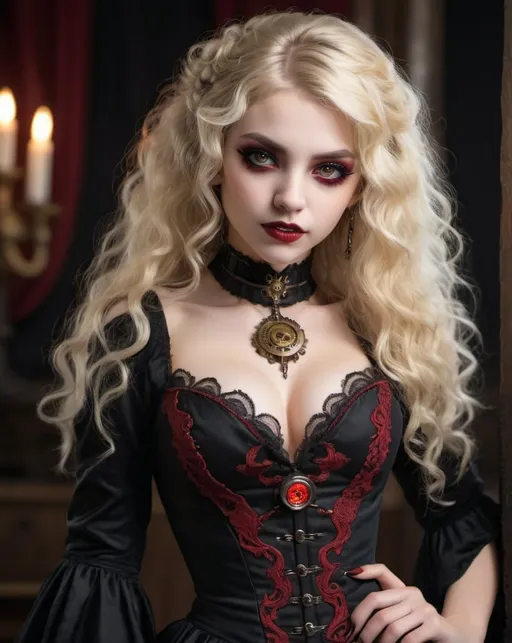 Prompt: ((best quality)), ((masterpiece)), ((realistic)), steampunk-setting, Vampire girl wears an elaborately embroidered black dress with a plunging neckline, bright red eyes, bloody mascara, blonde half-length curly hair, showing vamipre teeth, wide view, full body shot