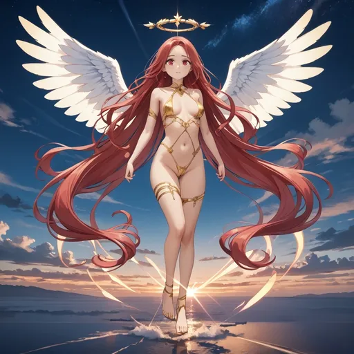 Prompt: Ultra-detailed,  4k, angel girl (full body),  gorgeous,  long flowing red hair,  golden light behind her,  holding arms out  flying in the sky,  skimpy outfit, captivating scene,  awe inspiring atmosphere.