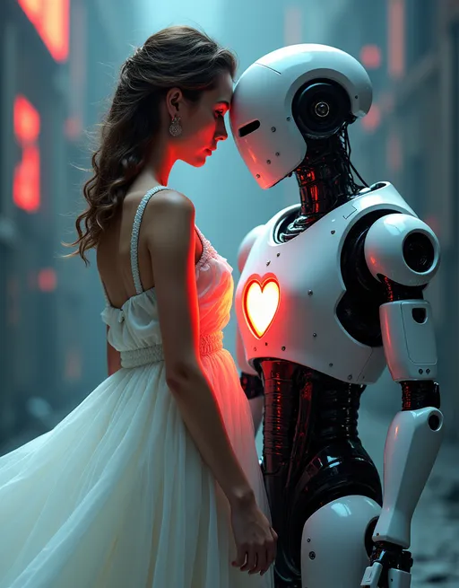 Prompt: (woman in a (flowing white dress)), standing next to a (robot with a glowing heart-shaped light on its chest), (Cedric Peyravernay style), (neo-romanticism), (cybernetics), (cyberpunk art), (vibrant colors), (futuristic background), dramatic contrasts of light and shadow, (highly detailed), (HD), evoking a blend of elegance and technology.