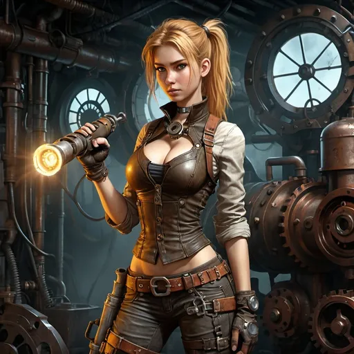 Prompt: very skinny caucasian girl in steampunk Victorian attire, Deep cleavage, digital art, full-body character, copper skin, medium long blonde hair in a ponytail, wide build, mechanic with tools, covered in grease, dirty, steampunk, Victorian, digital art, character design, detailed rendering, rugged, industrial, atmospheric lighting