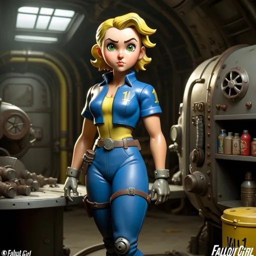 Prompt: Fallout girl figure, full body shot, vault 111 in background