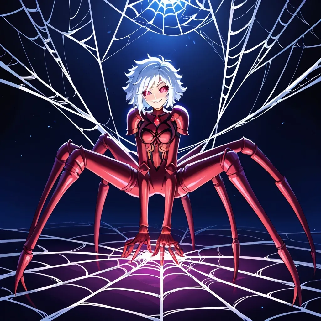 Prompt: (masterpiece) , best quality, expressive eyes, glowing, luminous, perfect face, 1 woman, Arachne, spider transformation, armor, full body, white hair, fuzzy hair, short hair, (white all over) , spider web, 8-legged spider, smirk smile, large abdomen, fluorescent, <lora:animeArachne_v10:0.9>