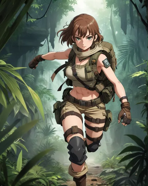 Prompt: Anime illustration of a bold female adventurer, action pose, jungle setting, detailed outfit with rugged accessories, dynamic full body shot, high-quality, anime, adventure, action pose, jungle, detailed outfit, dynamic, bold, rugged, professional art, atmospheric lighting