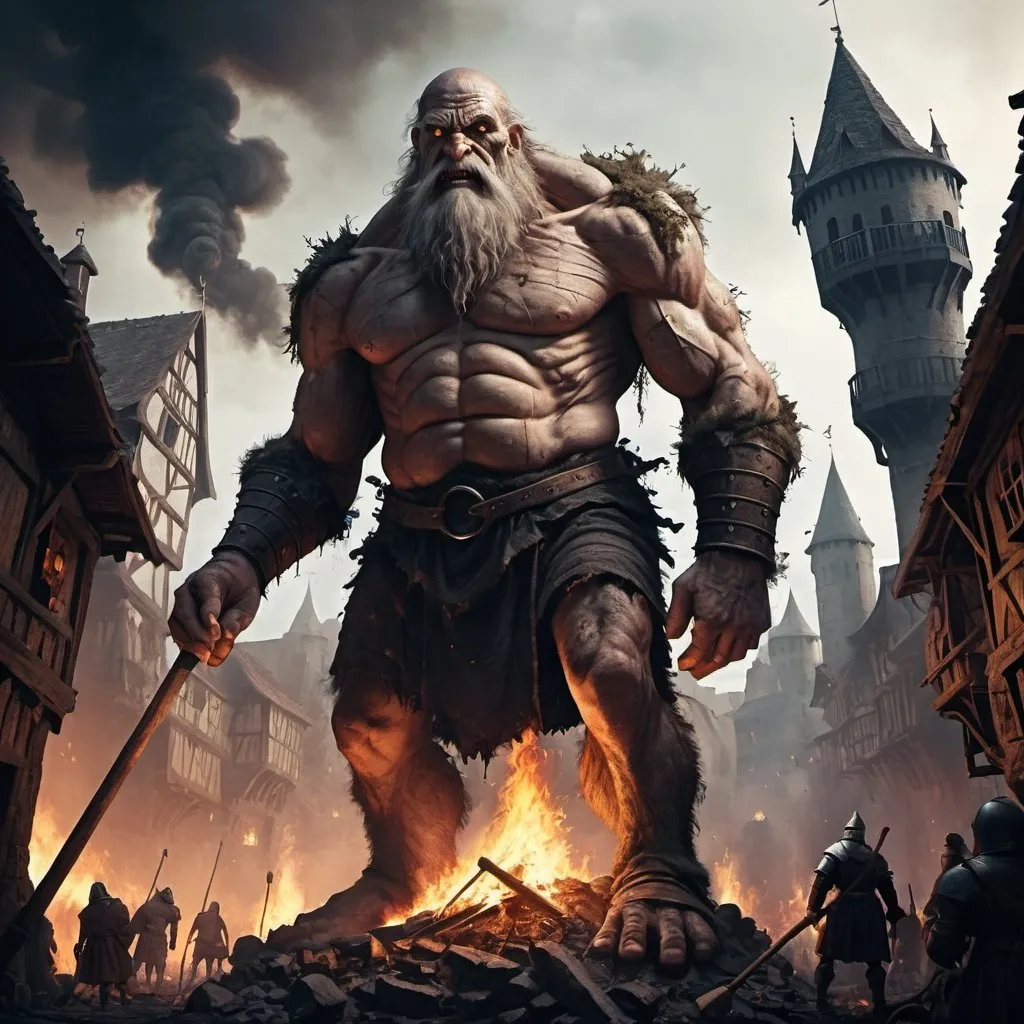 Prompt: Old great Giant , 10 meters high, with a wooden club, destroy a medieval city, dark fantasy, fire