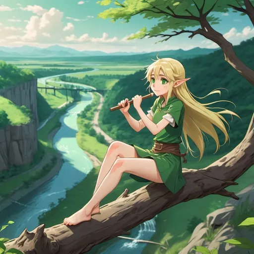 Prompt: 2d anime style, young half-elf girl, short green outfit, long blond hair flying in wind, sits on a branch, plays short flute, green valley and river in the background, wide view, full body shot.