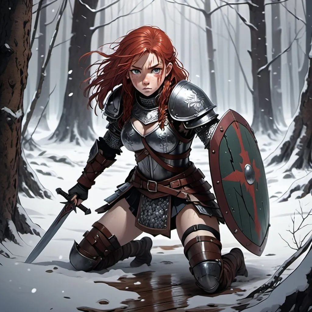 Prompt: Masterpiece, very high detailes anime-style, girl messy oily red hair, wearing a viking cut-out leather armor, short sword, small broken wood shield in hands, Crouching on the ground in a snowy forest, anxious expression on his face, dark atmophere, wide view, full body view