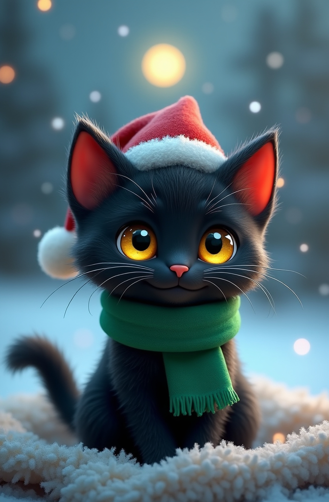 Prompt: super cute bioluminescence cute and sweet pixar style black fairy baby cat puppy, yellow eyes, soft light, soft mood, realistic body features and smiling face, green christmas scarf around neck, smiling, enjoying music, In the background a snowy winter landscape, moon, adorable, hairy, shiny fur, sitting on wool blanket, snowfall, fairy tale, wearing a jaunty Christmas hat, incredibly high level of detail, Pixar style, bright colours, natural light, illustration, painting oil on canvas by Elena Zhurikhina and Goro Fujita and Charlie Bowater, octane render trending on artstation, 4k, 8k, HD.