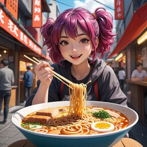 Prompt: High detailed anime illustration, curvy young girl enjoying ramen street food, vibrant anime style, detailed noodle texture, playful expression, colorful urban setting, high quality, vibrant anime, detailed noodles, playful expression, curvy design, street food, urban setting, full body shot.