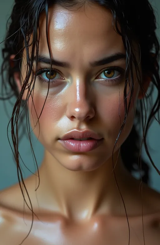 Prompt: An intense close-up portrait of a woman with wet hair hanging in strands across her face, water droplets on her skin. She has a piercing gaze with slightly narrowed eyes and parted lips, emphasizing the glistening texture of her skin. The background is neutral, focusing on the intense expression and water details.