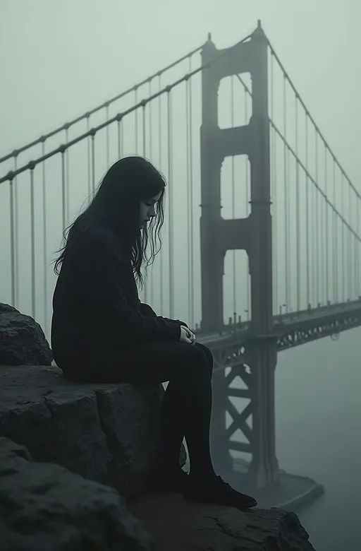 Prompt: Photorealistic depiction of a girl sitting on the Golden Gate Bridge, deeply lost in thought, gazing into the abyss below, surrounded by shadows. The scene evokes a dark and ominous atmosphere, bathed in monochrome tones, enhancing the feelings of solitude and introspection. The intricate details of the bridge structure loom above, contrasting with the eerie, ghostly mist enveloping the surroundings. Ultra-detailed and captivating.