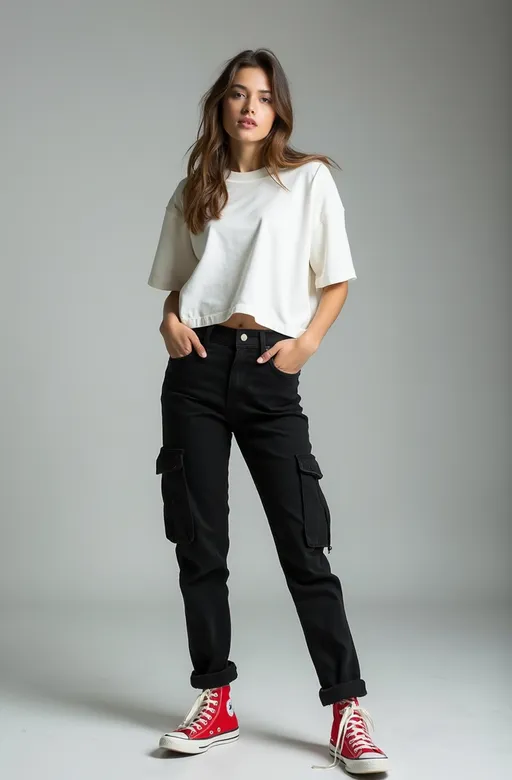 Prompt: high-resolution fashion photograph of a model posing in a minimalist set, styled in a streetwear yet chic outfit consisting of a loose white crop-top and slim black cargo jeans, complemented by simple red Converse sneakers, background is a smooth, gray, providing a stark contrast that highlights the outfit, lighting is soft yet directional, accentuating the texture of the white fabric and the sleek fit of the jeans, emphasize the casual pose of the model, with hands lightly tucked into the jean pockets, capturing a relaxed yet fashionable streetwear vibe, UHD