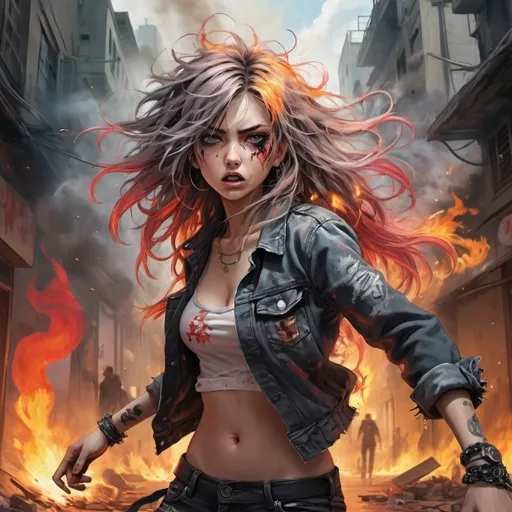 Prompt: Masterpiece of anime art, (punk girl) with (long messy hair), tattered clothes emphasizing the female curves, throws a burning molotov cocktail, (fighting expression), in an intense street battle scene, surrounded by (riots), (enigmatic fires), swirling (smoke), dramatic post-apocalyptic atmosphere, (vibrant colors) bursting in contrast with the gritty background, (dynamic composition), evoking a sense of chaos and rebellion, (ultra-detailed), capturing high energy and emotion in the artwork.