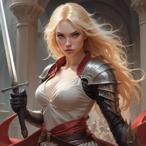 Prompt: a woman with blonde hair and a sword in her hand, with a sword in her hand, and a sword in her other hand, Artgerm, fantasy art, stanley artgerm lau, a detailed painting