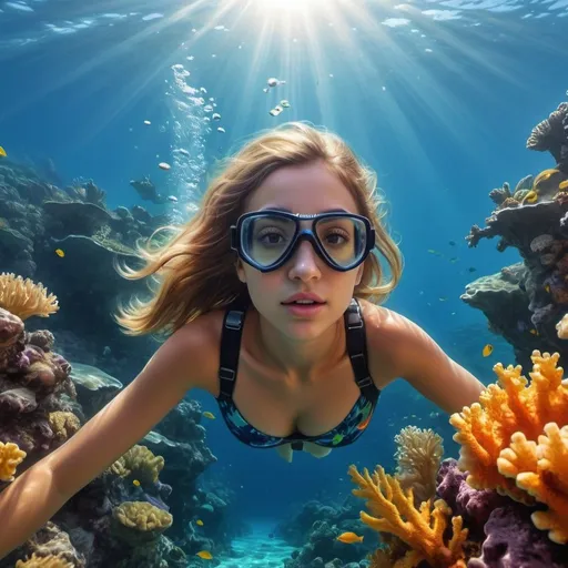 Prompt: Stunning girl diving in the sea, realistic, coral reef, sun reflecting in water, underwater masterpiece, high-quality, realistic, detailed coral, sunlit water, breathtaking, detailed facial features, oceanic art, vibrant colors, underwater beauty, best quality, masterpiece, realistic, vibrant, detailed, coral reef, sunlit water, stunning girl, detailed facial features, oceanic art