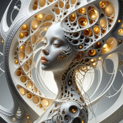 Prompt: Abstract fractal geometry: An ultra-detailed fractal image of interlocking geometric shapes that glow in metallic gold, silver and bronze. The intricate, recursive design exudes energy and complexity, captured in hyper-realistic 4K, reflecting the infinity of the universe, the microstructures revealing the body of a girl.
