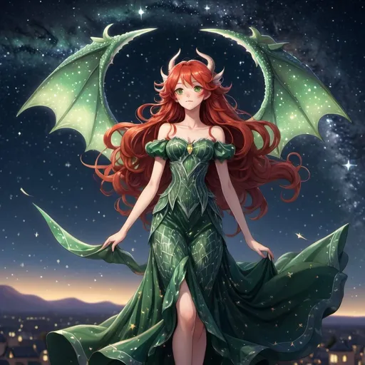 Prompt: Anime illustration of a detailed, skinny dragon girl with long wavy red hair, wearing an elaborately designed green dress with dragon scales, little dragon wings, and curved horns, full body shot, blurry starry night sky in the background, masterpiece, ultra-detailed, anime, dragon girl, red long hair, green dress, dragon scales, wings, horns, detailed design, starry night sky