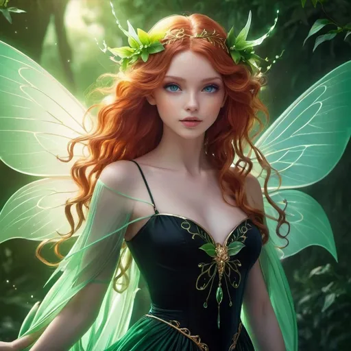 Prompt: anime illustration, HD, 4K, 3D, Stunning, magic, cinematic gothic young fairy, ethereal green wings, fairy queen, style of Jasmine-Beckett-Griffith, light contrast, long, curly redhead hair, lovely, romantic, tender, purple light, sunstrails, perfect female beauty, intricate, pale traslucent skin, magic, rich black dress, ethereal, goldn ratio, look in camera, gorgeous body, gorgeous eyes