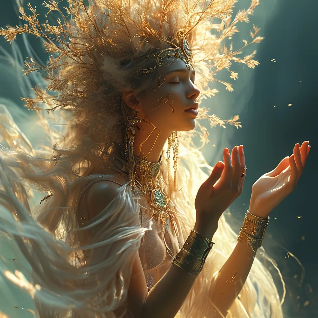 Prompt: (young goddess, full body), (tight outfit), performing a blessing, dynamic shadows, divine ambience, vivid glistening light, swirling mist, ancient faintly glowing runes, fantastical elements, high detail, mysterious background, 4K resolution, cinematic atmosphere, supernatural energy in the air, full body shot.