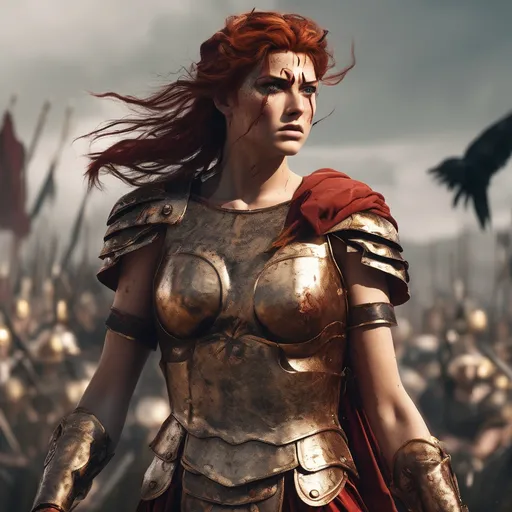 Prompt: Vibrant and Cinematic image of a strong and fierce Roman female Centurion standing confidently on a ravaged battle ground, her animated anime features contrasting with the desolate surroundings, her determined facial expression underscored by striking almond-shaped eyes, porcelain-smooth skin with a subtle golden undertone, and raven-Red hair styled in a high ponytail adorned with golden pins, wearing a intricately designed Roman centurion armor , with a flowing red cape billowing behind her, set against a dramatic backdrop of smoke and flames, with the subtle hint of a forgotten cityscape in the distance, the overall aesthetic blending traditional 
Roman motifs with stylized anime elements, rendered in vivid colors with bold lines and textures, and a sense of dynamic movement as if the warrior is about to leap into action.