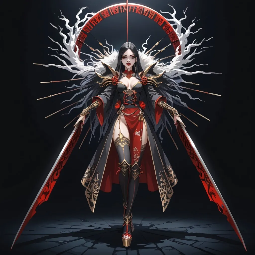 Prompt: A detailed masterpiece, full body shot showing a stunning oriental female vampire. She has long black hair with a white streak, dark eye shadow and red lips. Her mouth is slightly open so that her fangs can be seen, influenced by the style of darkest fantasy, with the light and dark lighting providing dramatic contrasts. The woman's gaze is direct, set against a dark background. The image is in the highest resolution, designed as a wallpaper with hyper-detailed concept art.