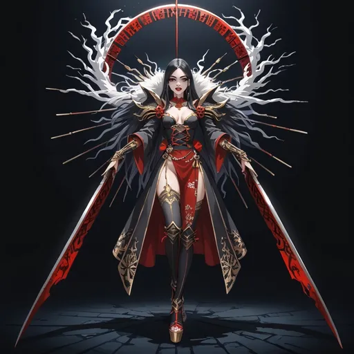 Prompt: A detailed masterpiece, full body shot showing a stunning oriental female vampire. She has long black hair with a white streak, dark eye shadow and red lips. Her mouth is slightly open so that her fangs can be seen, influenced by the style of darkest fantasy, with the light and dark lighting providing dramatic contrasts. The woman's gaze is direct, set against a dark background. The image is in the highest resolution, designed as a wallpaper with hyper-detailed concept art.