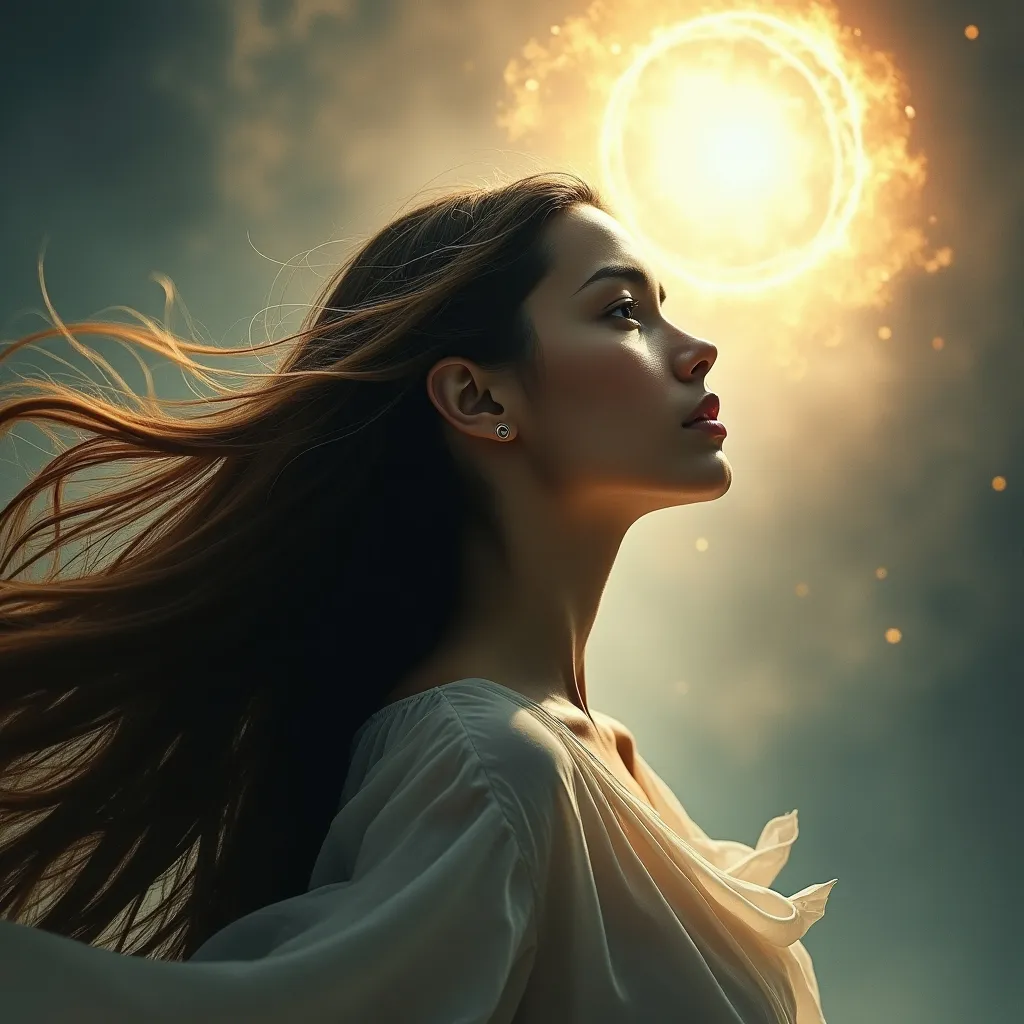 Prompt: A gorgeous, well-toned young woman with very long, straight, shiny hair, bathed in ethereal light and surrounded by swirling patterns reminiscent of turbulent winds and celestial bodies. 
Amidst the chaos, there is a calm determination in the subject's expression as she gazes upwards to a distant point of light, representing her journey through adversity (‘per aspera’) to the lofty heights of her aspirations (‘ad astra’).