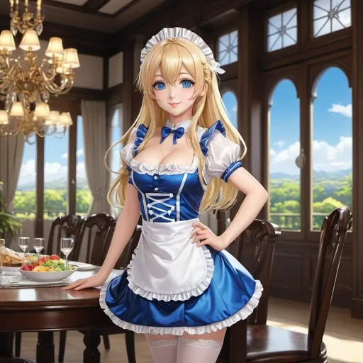 Prompt: Anime illustration of an adorable, gorgeous cute young girl in a skimpy maid outfit, {best quality}, dining room on an estate in the background, standing, served, {{masterpiece}}, {highres}, extremely detailed girl, sharp focus, {{{character{1 girl}}}}, solo, light smile, closed mouth, beautiful detailed eyes, blue eyes, {{{{{sharp focus}}}}}, {{{{{masterpiece illustration}}}}}, shiny hair, long hair, blonde hair, {{{{{{dakimakura}}}}}}, {{full body}}, glowing, white theme, {{{petals}}}, full body shot.